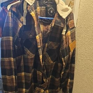 Plaid Hooded Flannel Shirt Jacket - Brown & Black